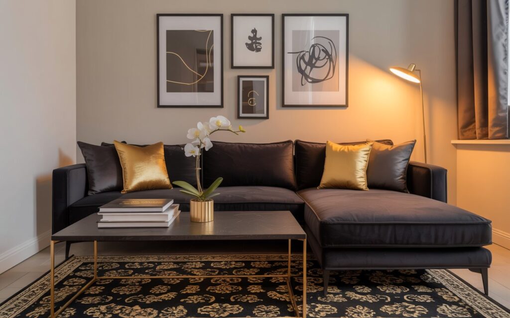 Dark theme living room with gold accents