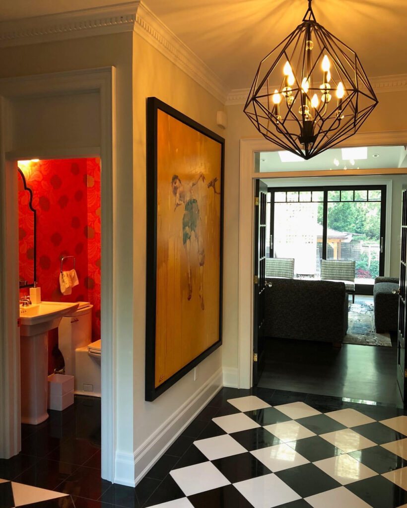 Black and white floor with oversize art