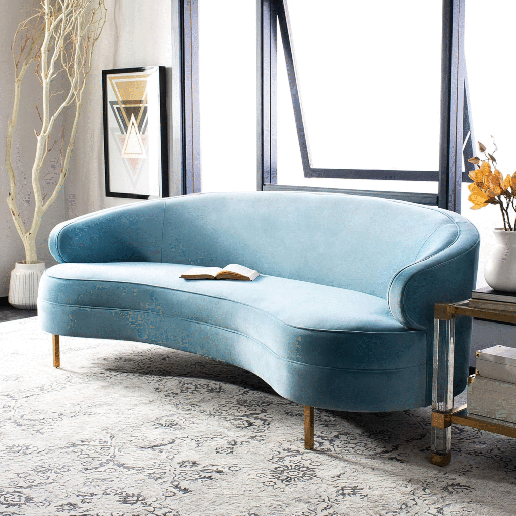 SAFAVIEH Couture Primrose Glam Light Blue Velvet Curved Sofa