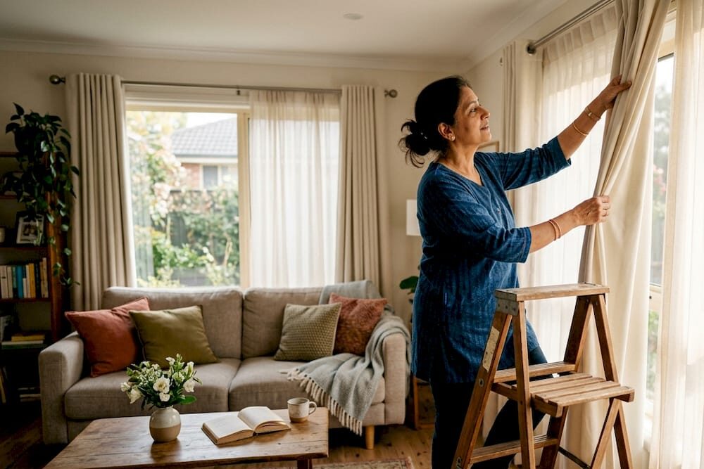 Woman adjusting bedroom curtains in cozy room