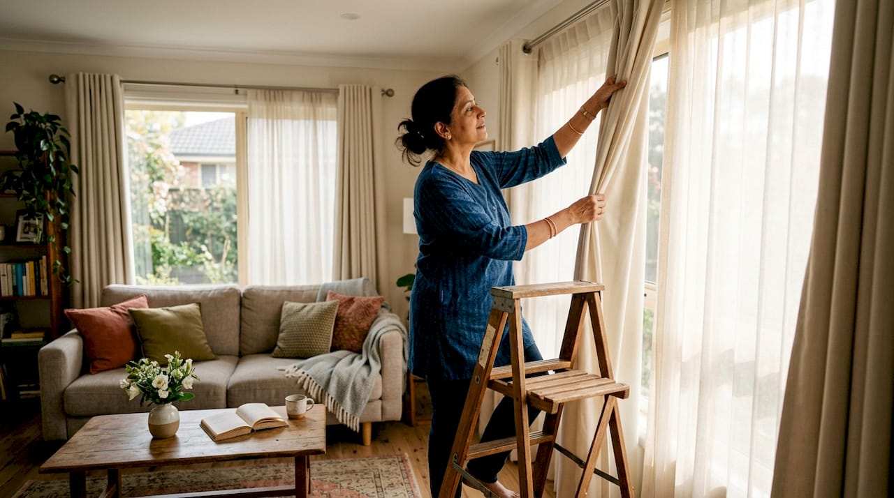Woman adjusting bedroom curtains in cozy room