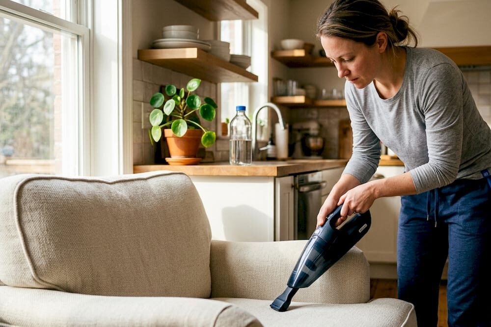 Woman vacuuming upholstered bed frame in bedroom