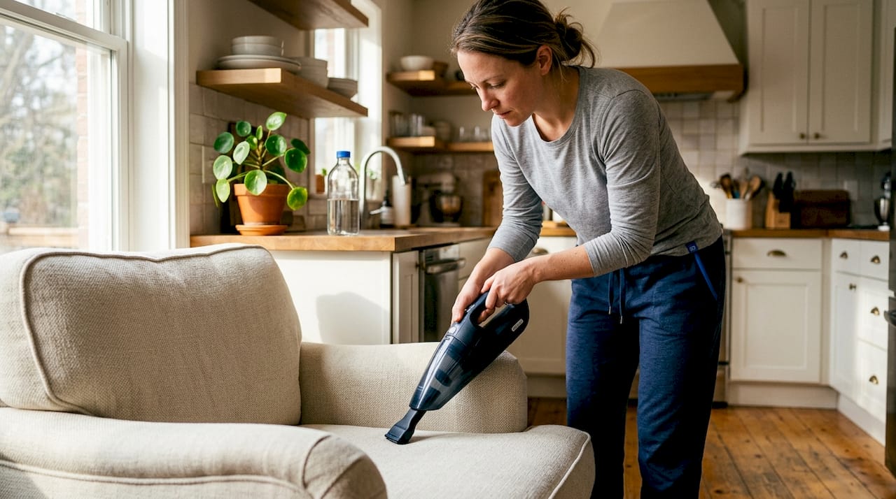 Woman vacuuming upholstered bed frame in bedroom