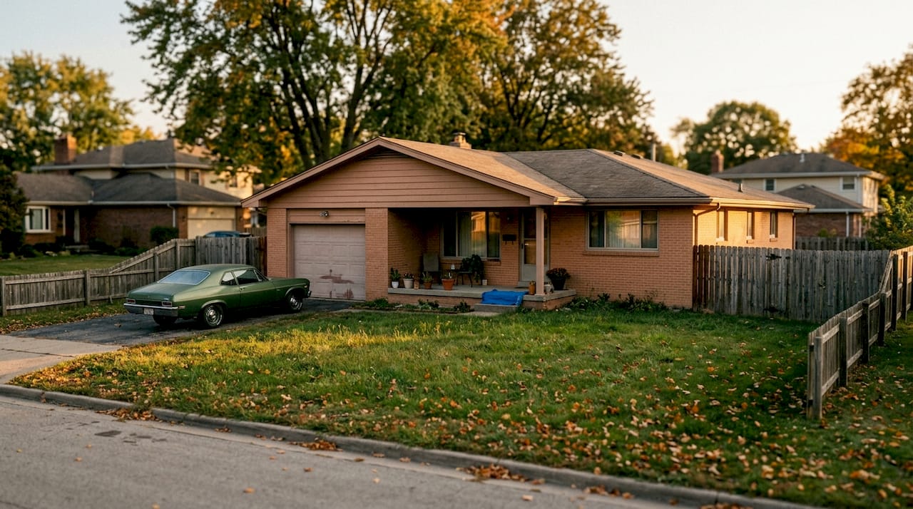 1970s ranch house exterior with garage and lawn