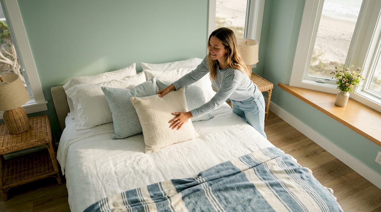 Woman arranging pillows in warm bedroom