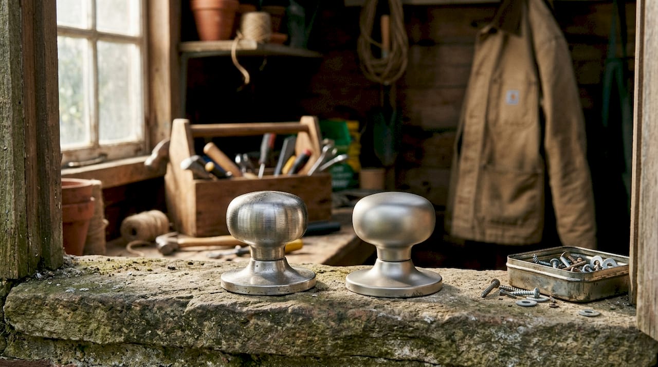 Close-up of brushed and satin nickel door knobs side by side