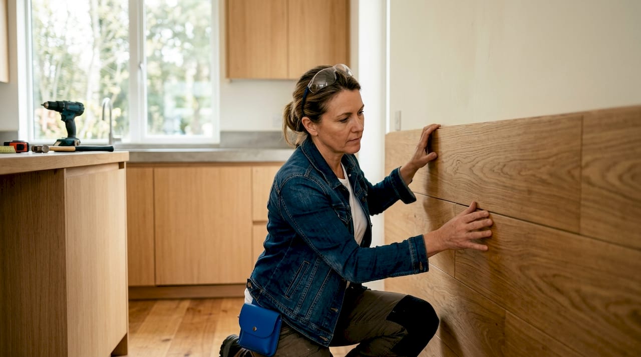 Woman installing oak wood wall panels in living room