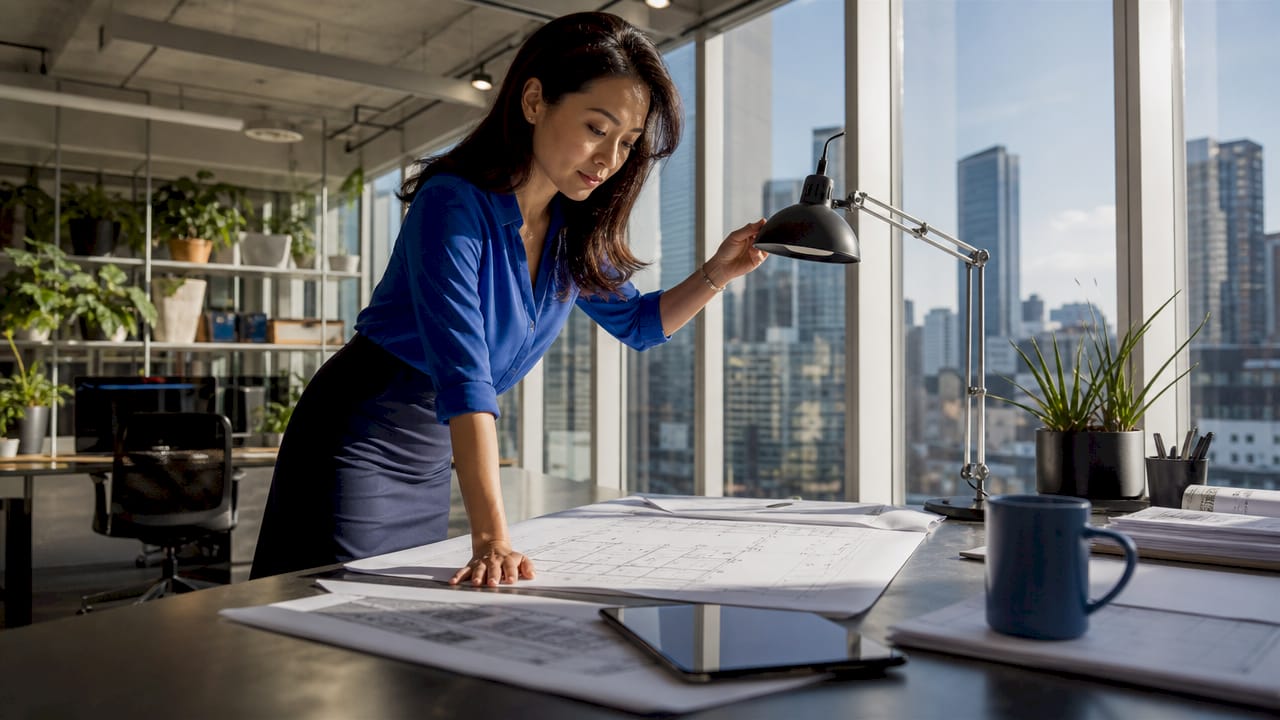 Woman adjusting chair in modern office space