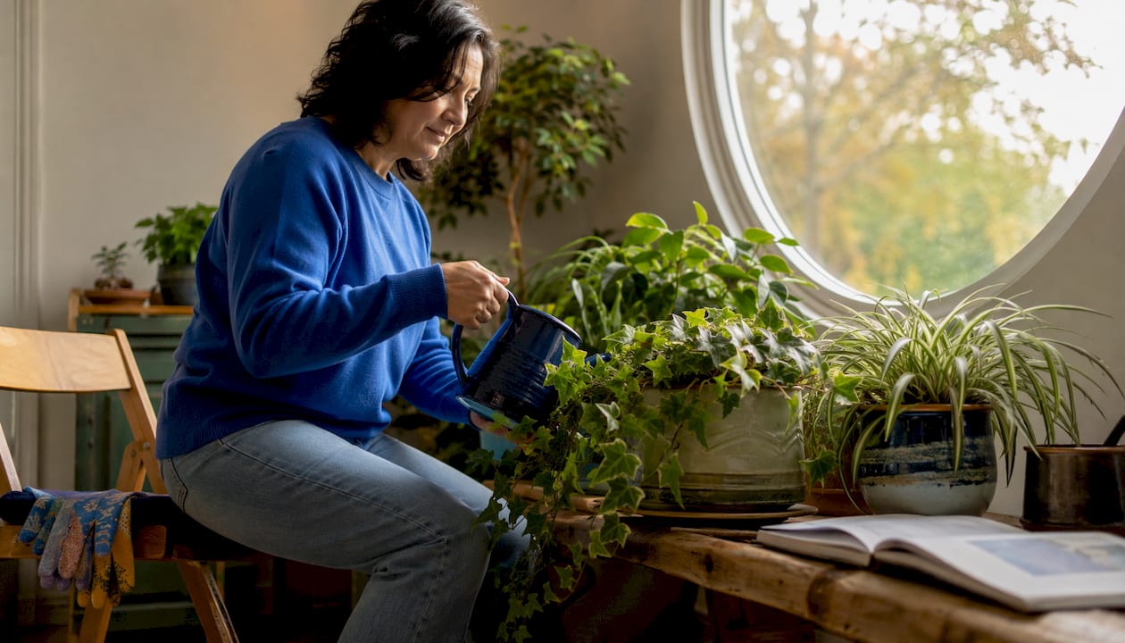 Woman watering indoor mold-fighting plants in living room