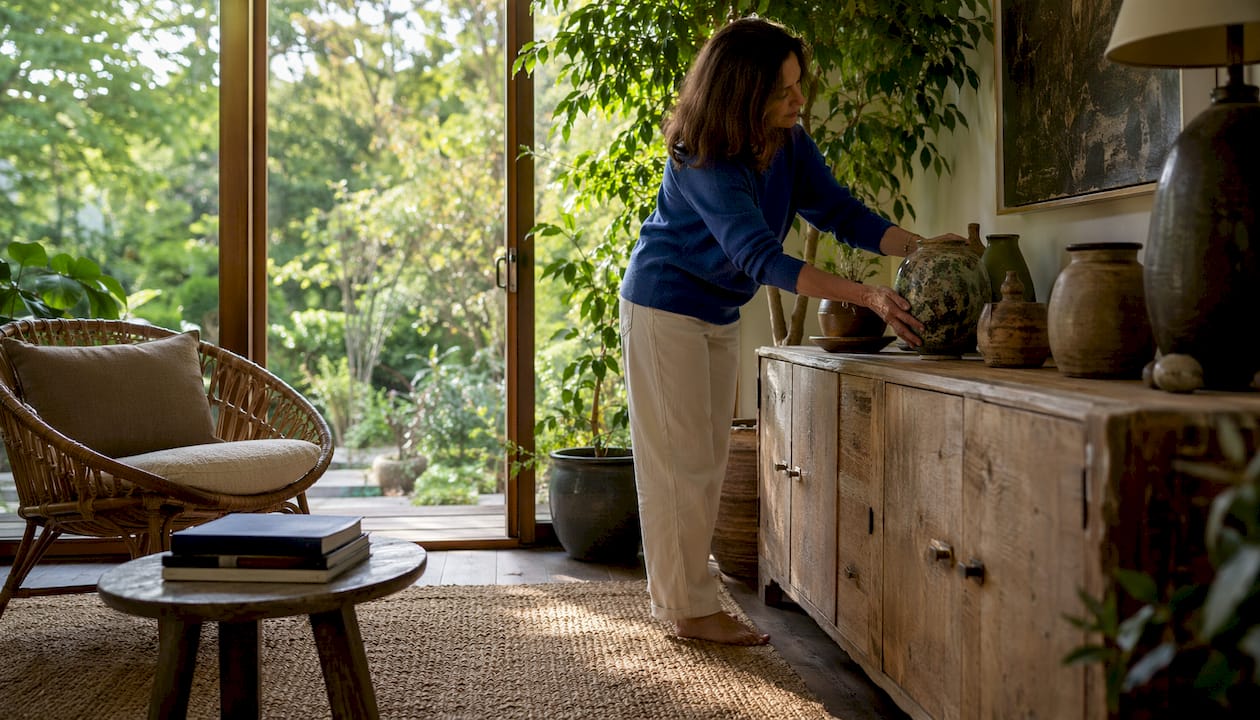 Woman arranging pottery in warm wood living room