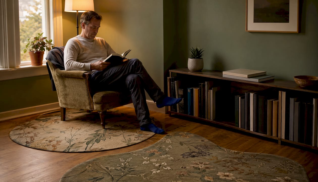 Living room with organic shaped vintage rugs and relaxed reader