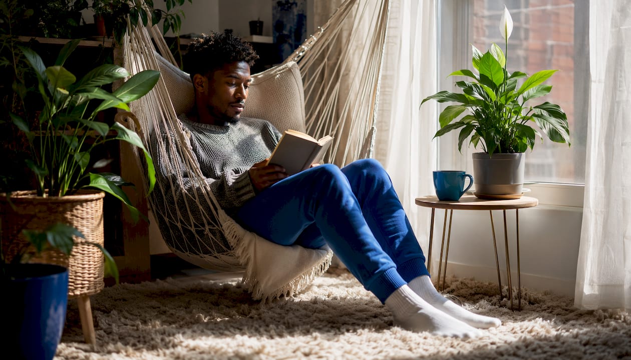 Man reading in window nook library