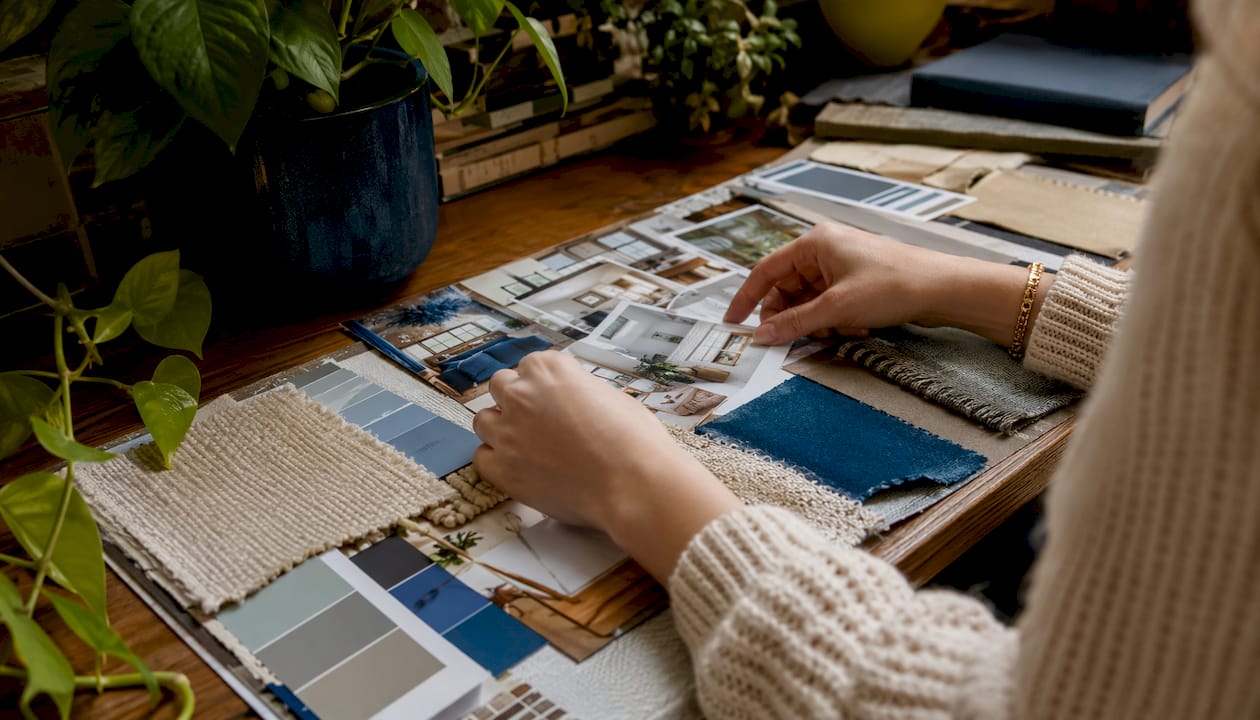 Hands assembling a home design moodboard