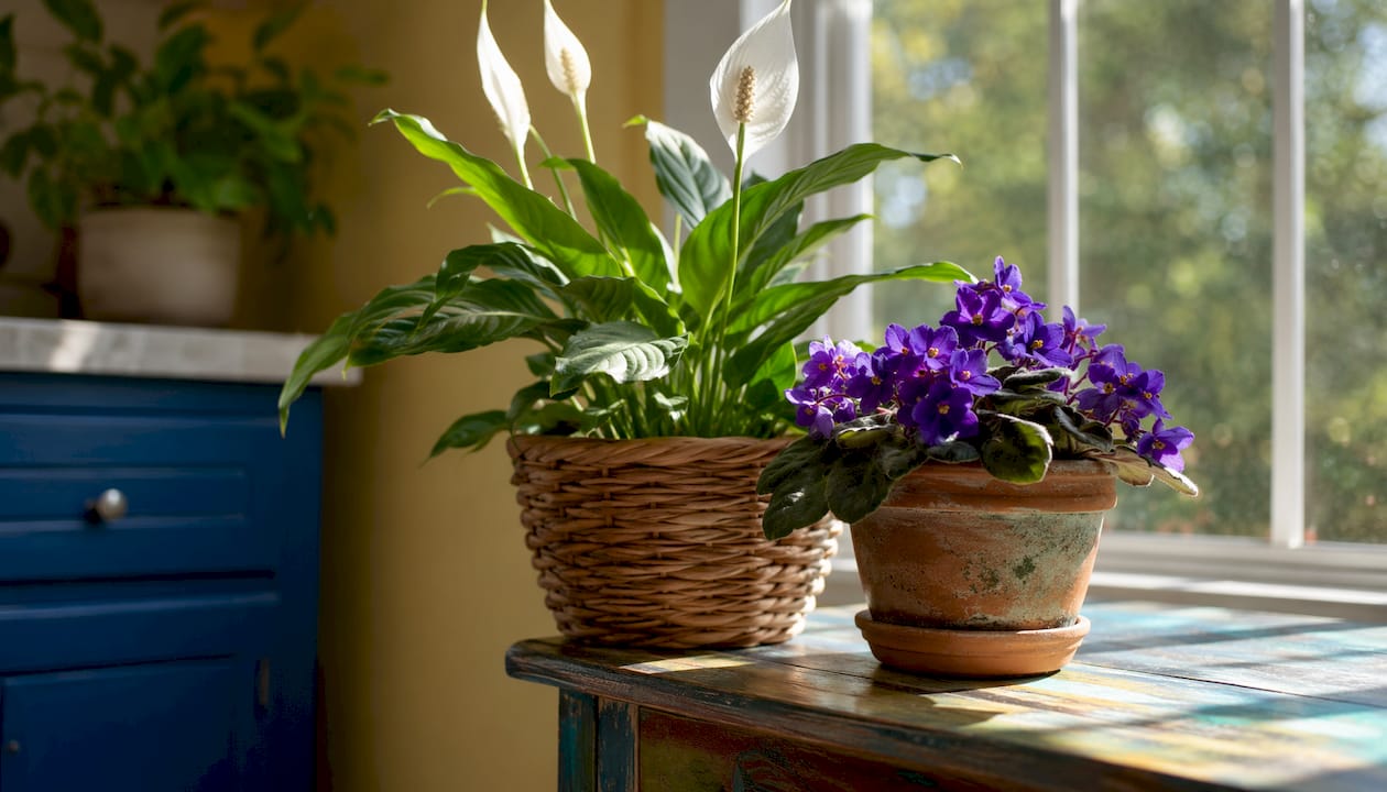 Peace lily and African violet in low-light apartment