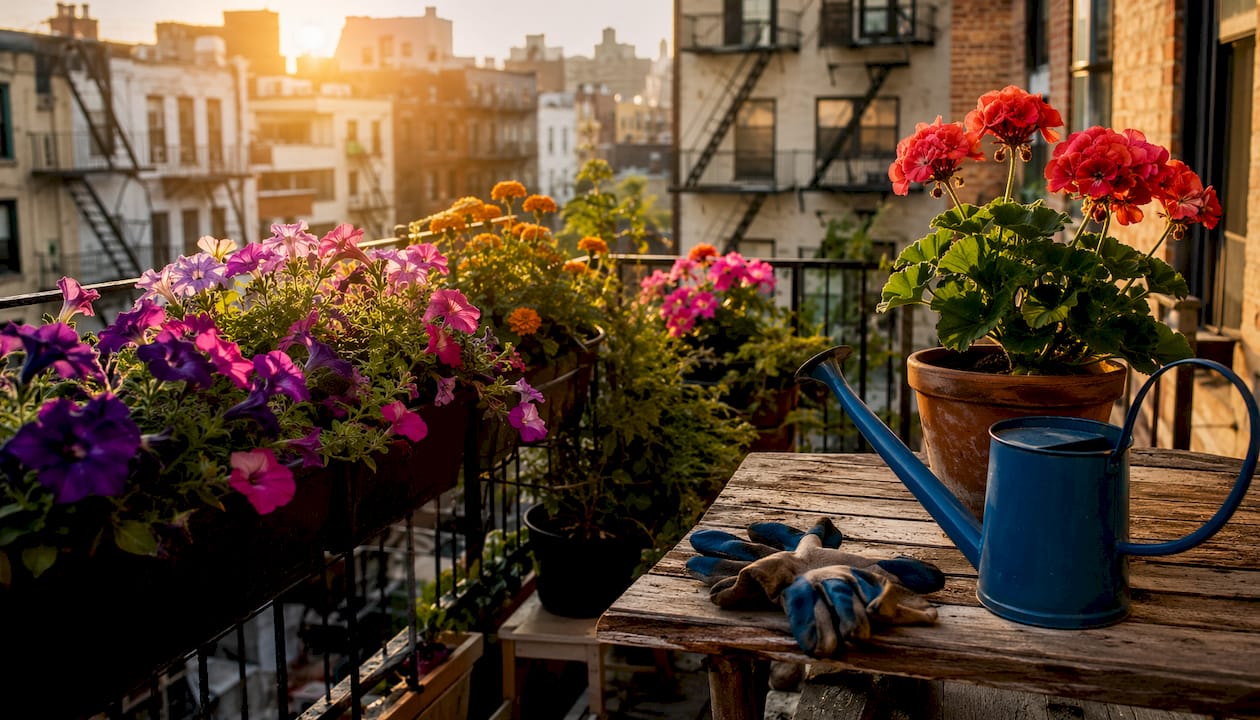 Container annuals blooming on sunny apartment balcony