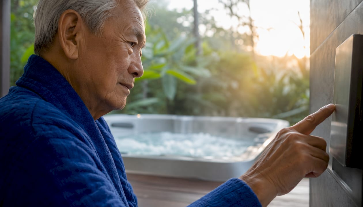Hands adjusting smart bathtub wellness controls