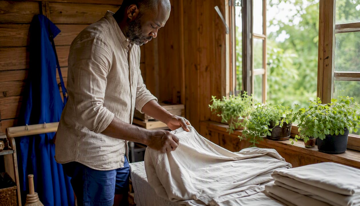 Man folding washed linen sheets