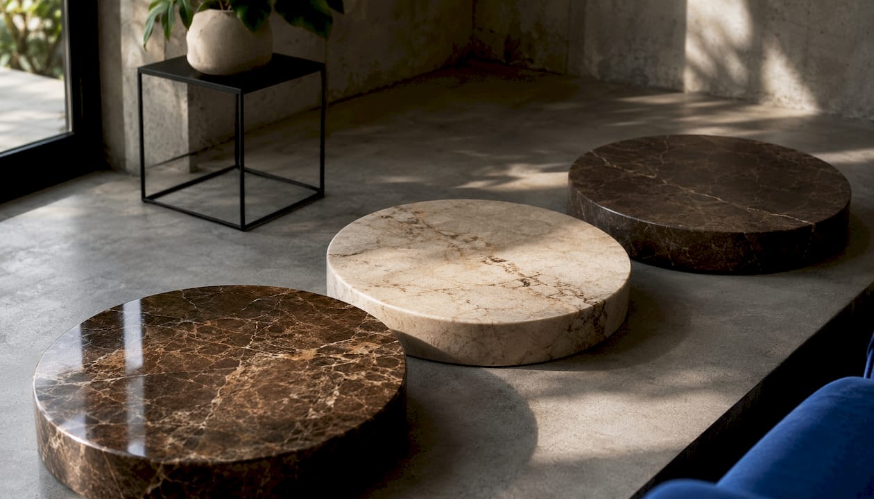 Different marble coffee table finish samples overhead