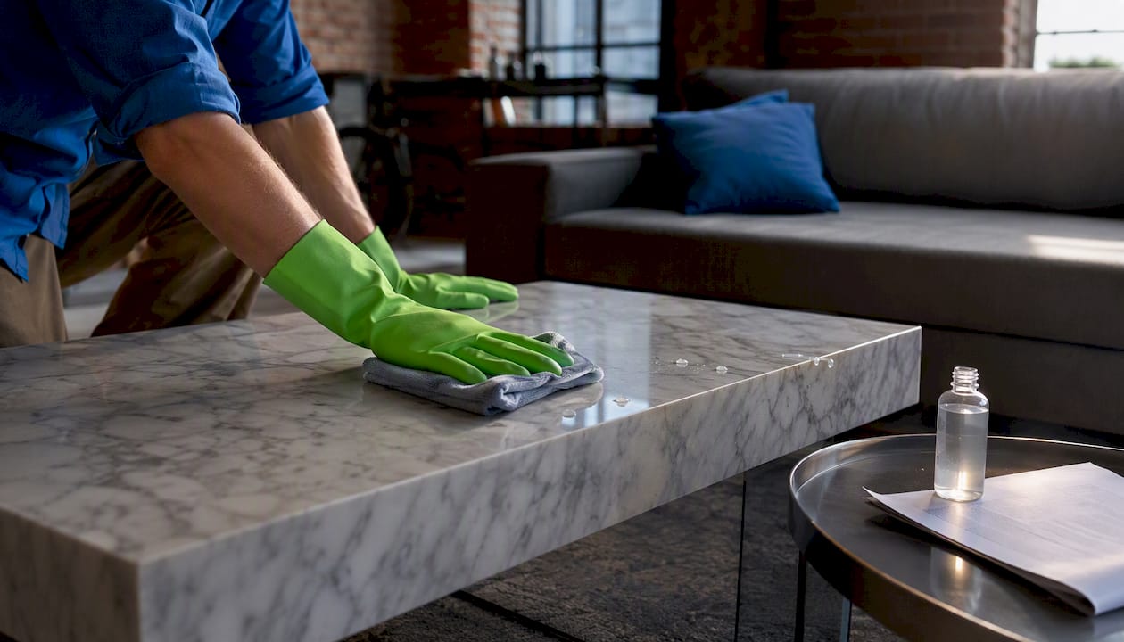 Hands applying sealer to marble coffee table surface