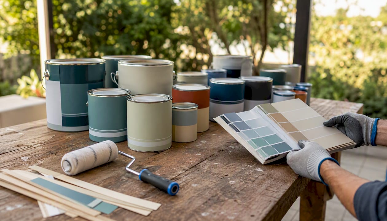 Overhead view of paint cans and color swatches on table