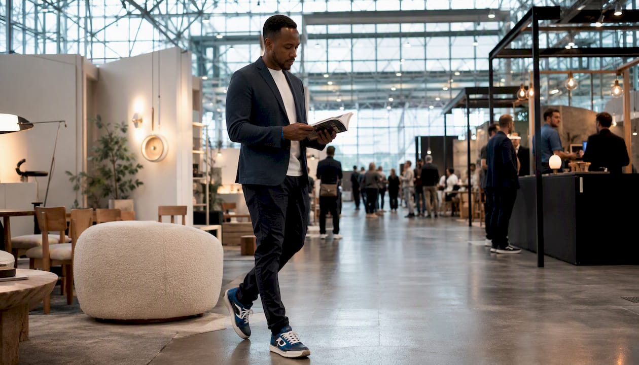 Visitor walking through Javits Center trade fair