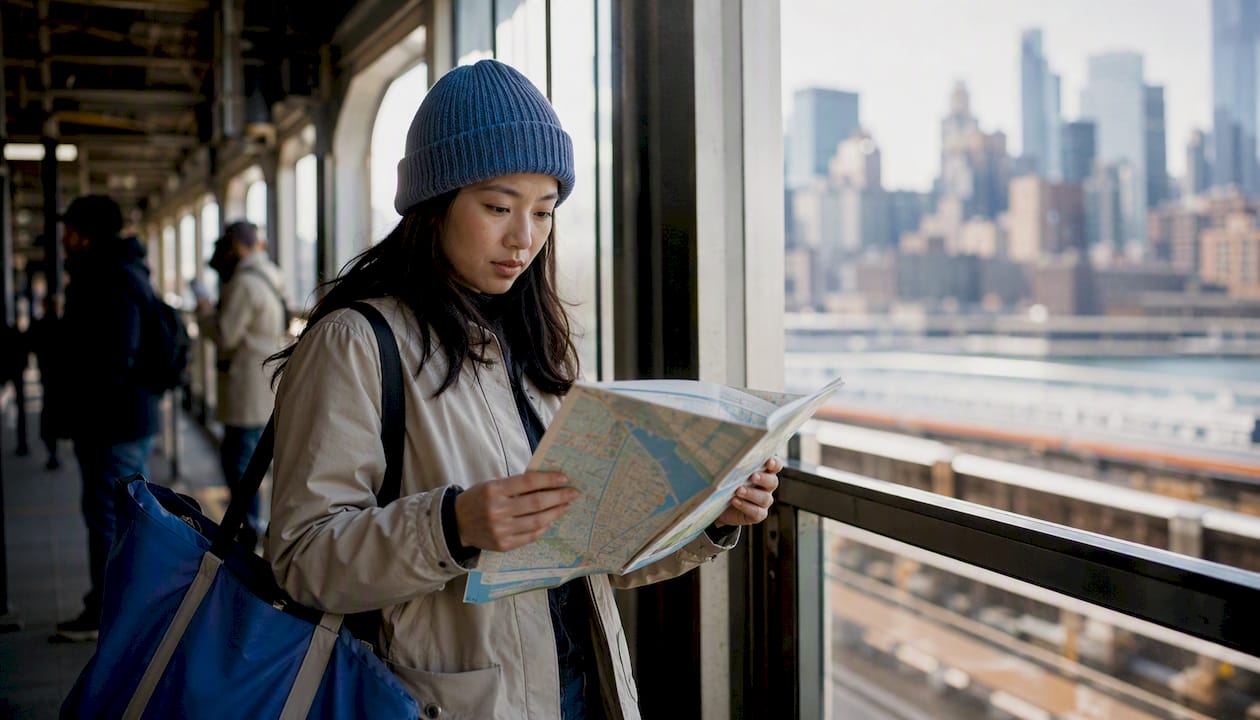 Woman waiting on subway platform at York Street