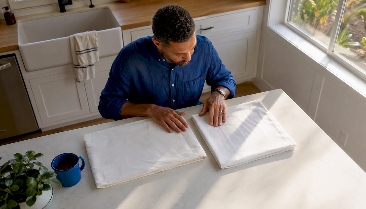 Man examining percale sheet fabrics close-up