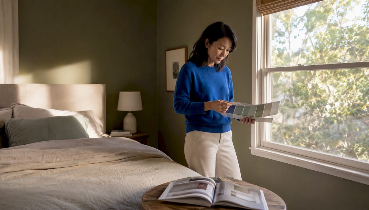 Woman reviewing calming bedroom color samples