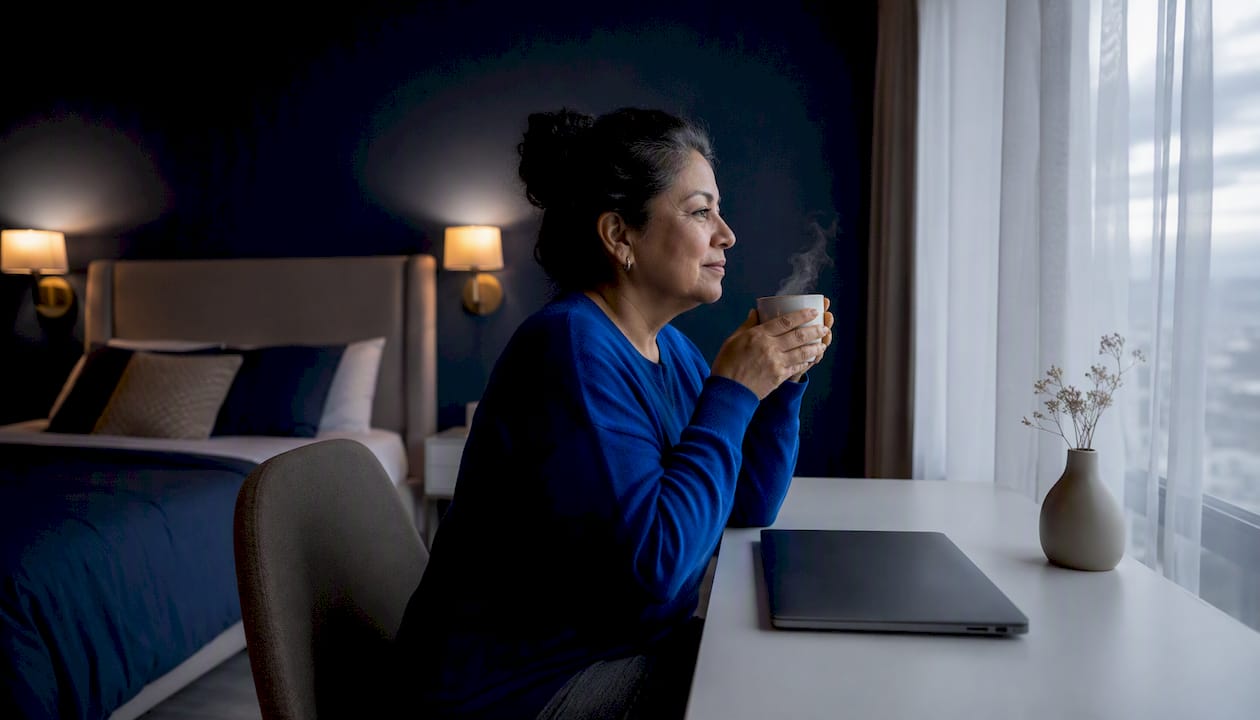 Woman relaxing in moody dark bedroom