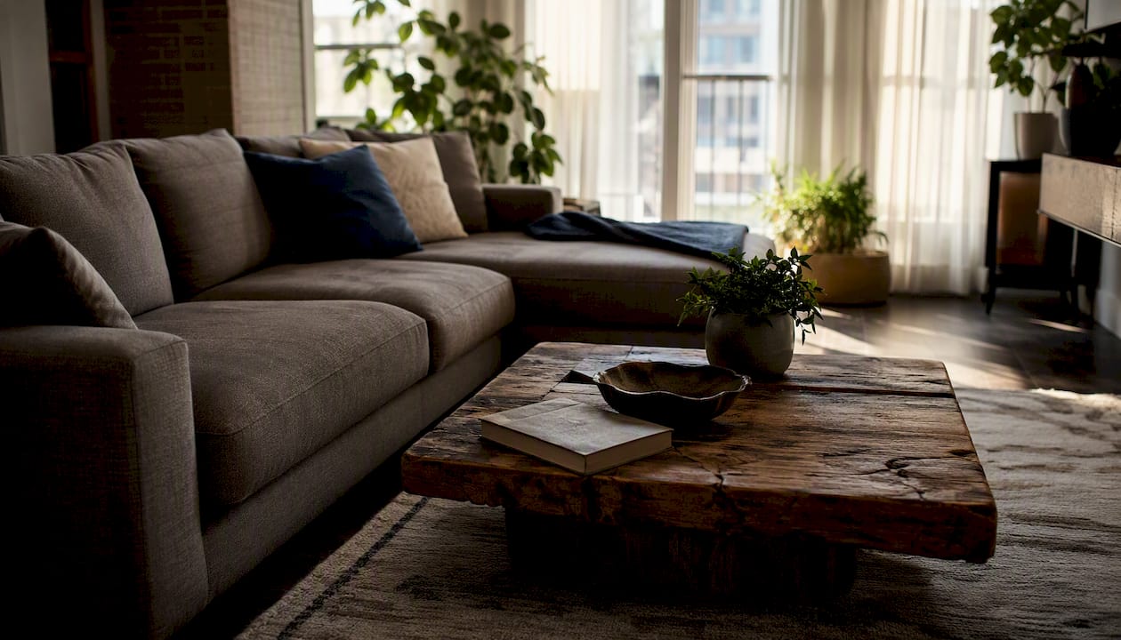 Textural mid-century style sofa in compact living room