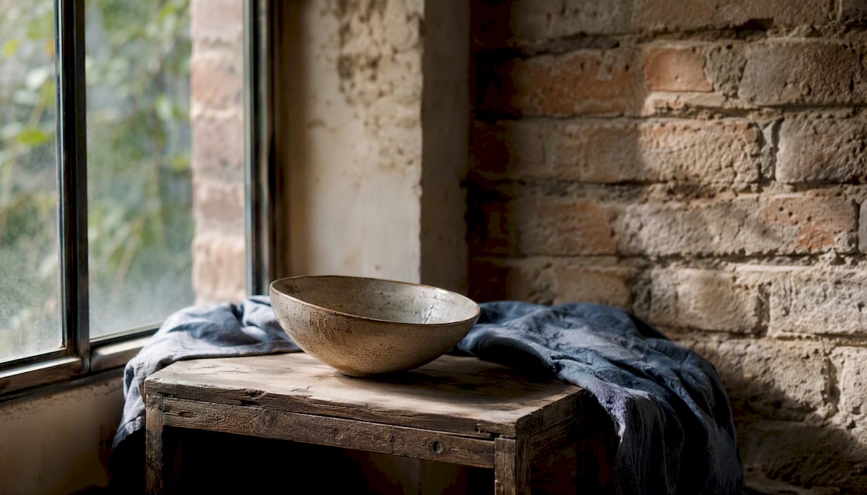 Handmade clay bowl with linen on rustic table