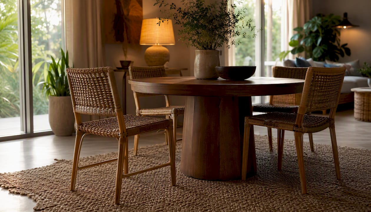 Modern dining room with natural elements and soft lighting