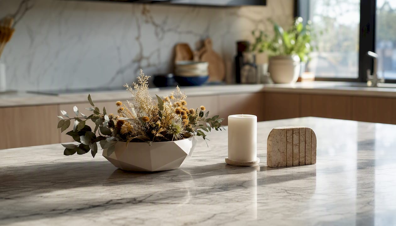 Low-profile dining table centerpiece on tray