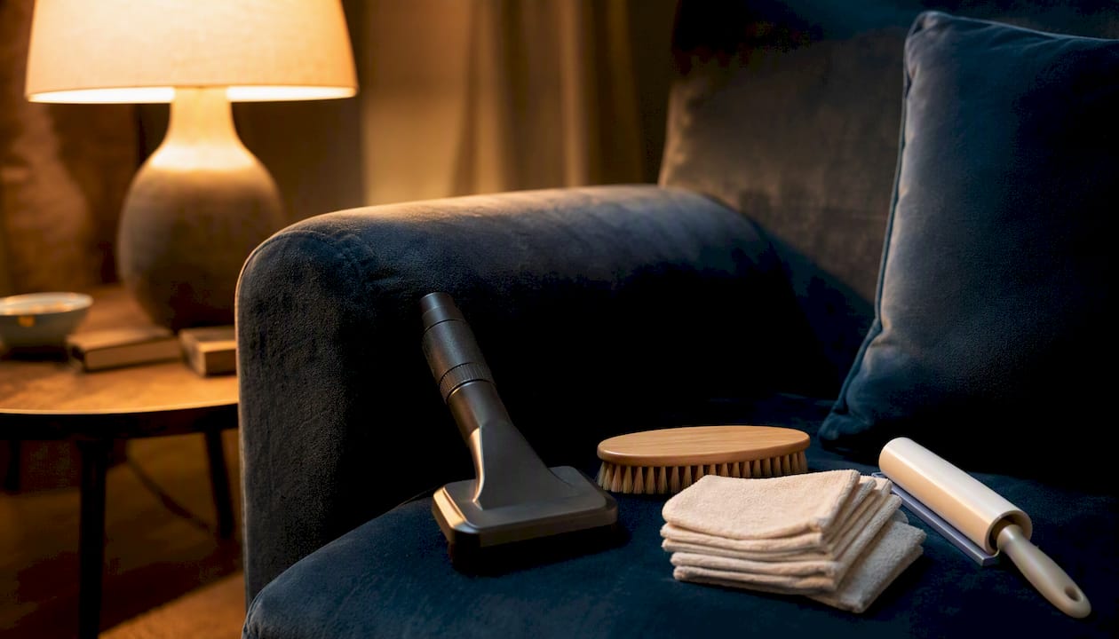 Velvet sofa care tools laid out