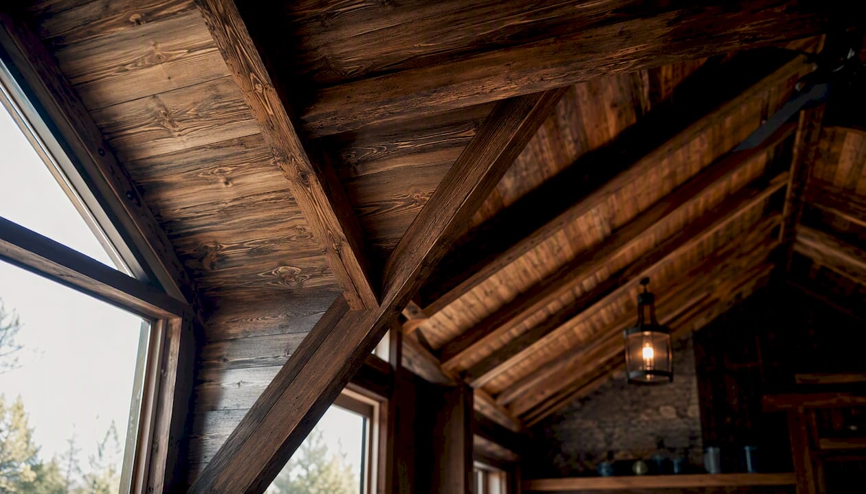 Rustic ceiling with stained wood beams