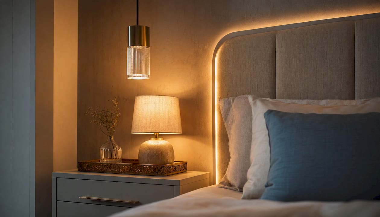 Layered lighting creating warm bedroom ambiance