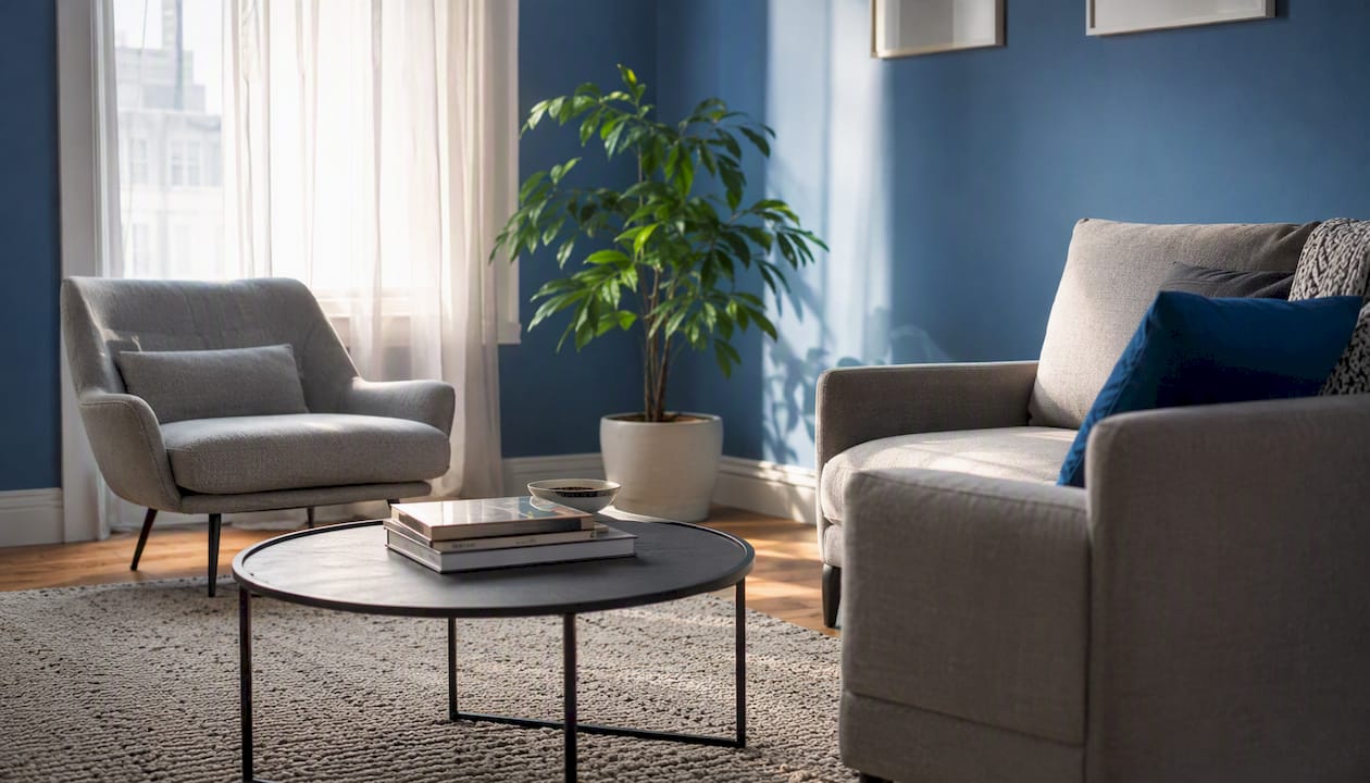 Warm neutral living room with linen upholstery