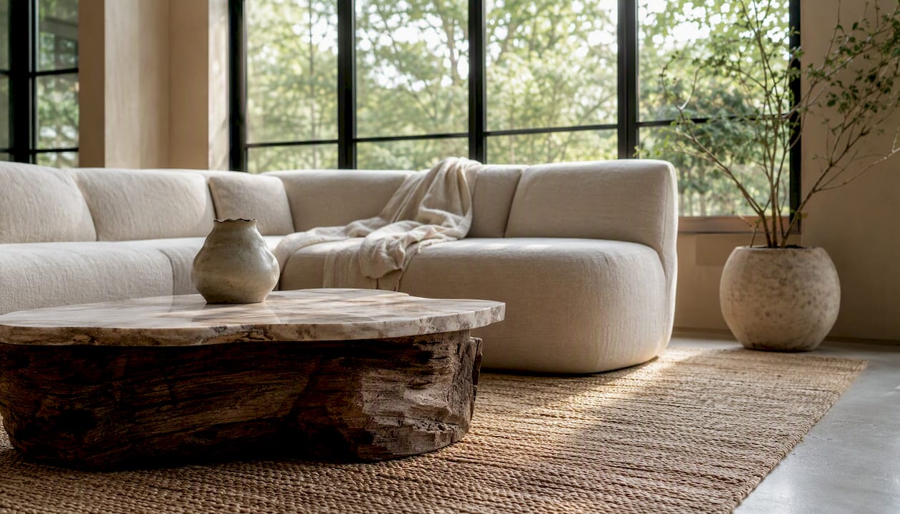 Organic modern living room with linen sofa and wood table