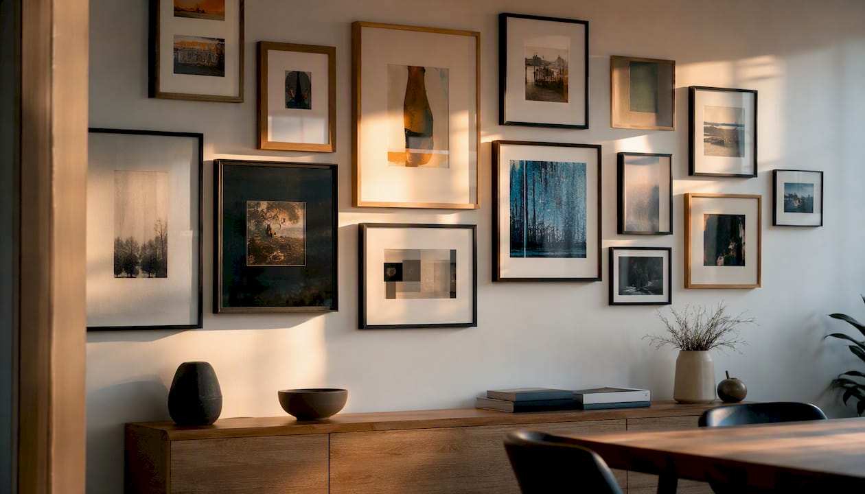 Curated gallery wall with simple frames