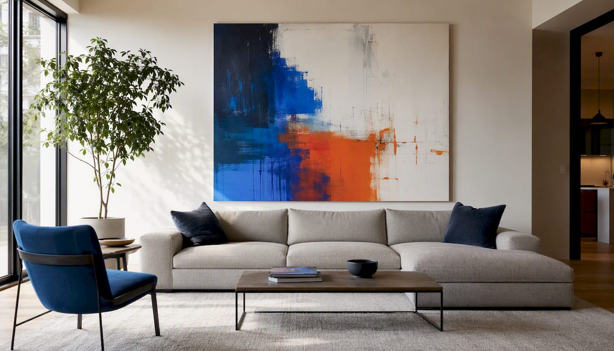 Large living room with oversized abstract wall art