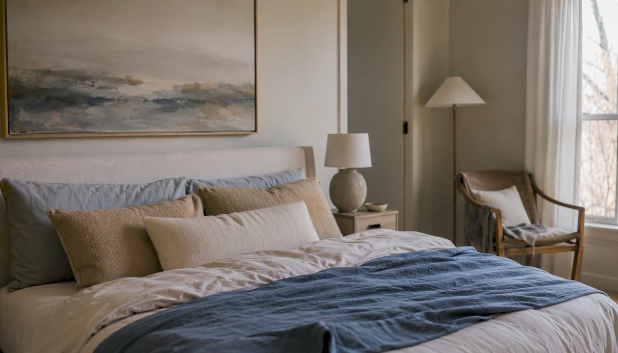 Bedroom with soft abstract art over headboard