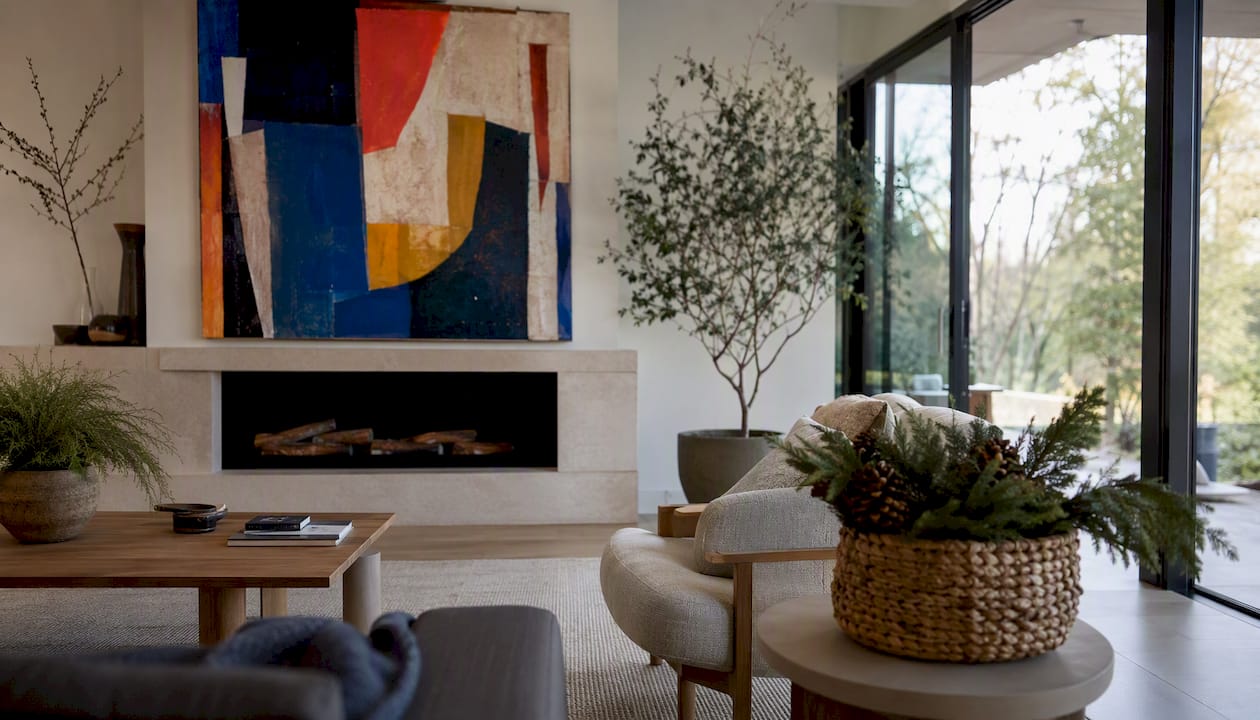Living room with large abstract statement canvas