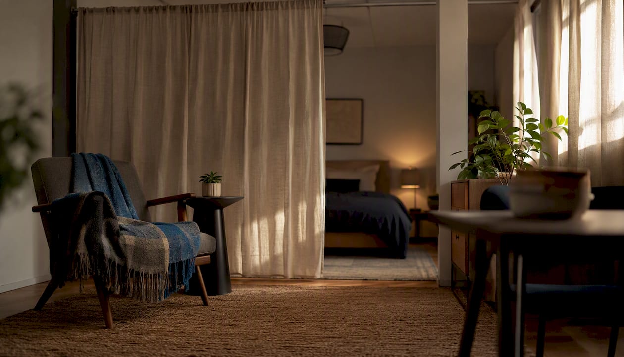 Studio apartment divided by curtain and rug