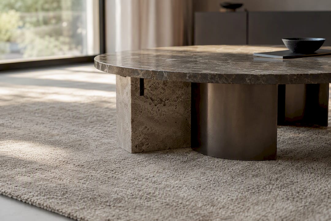 Neutral rug with coffee table materials detail