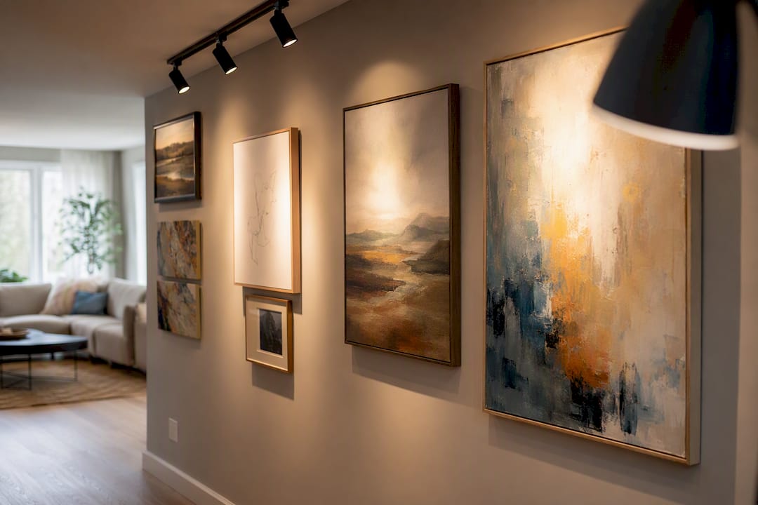 Gallery wall with warm directional art lighting