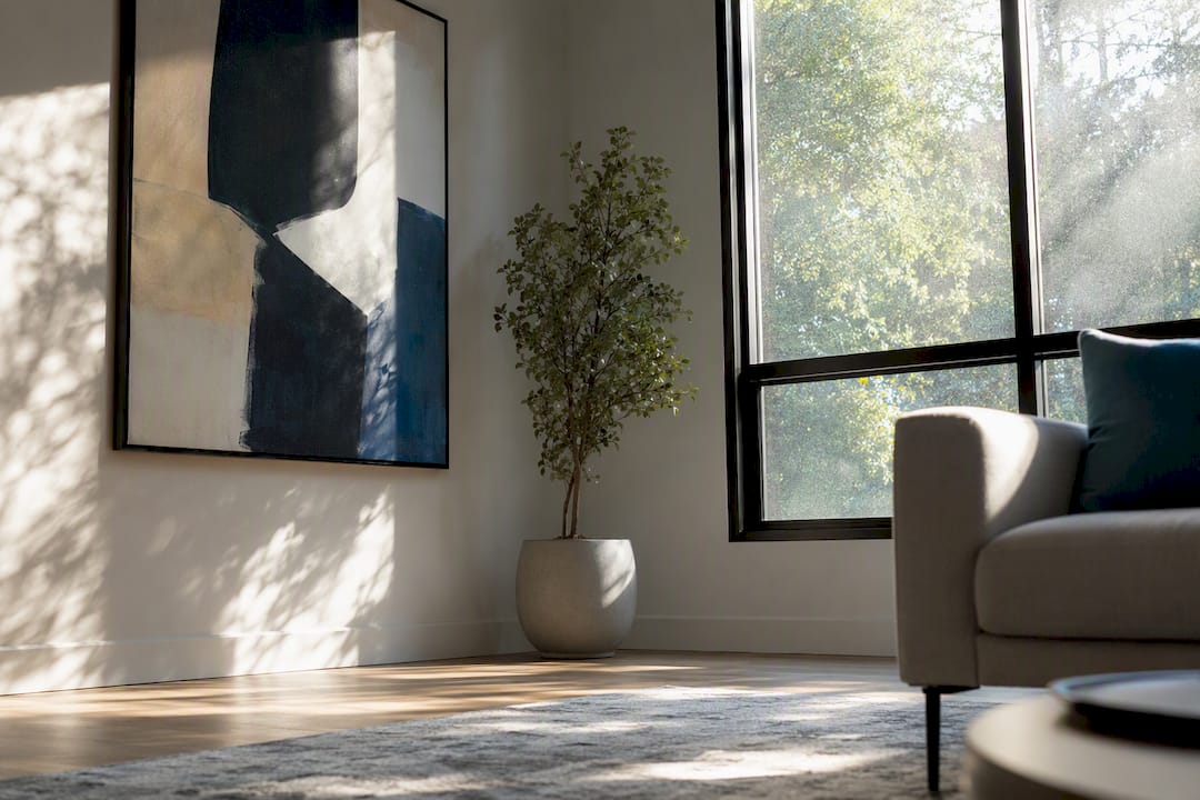 Artwork near sunlit window with UV protection