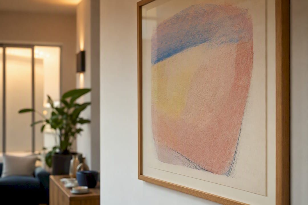 Softly lit pastel artwork in frame
