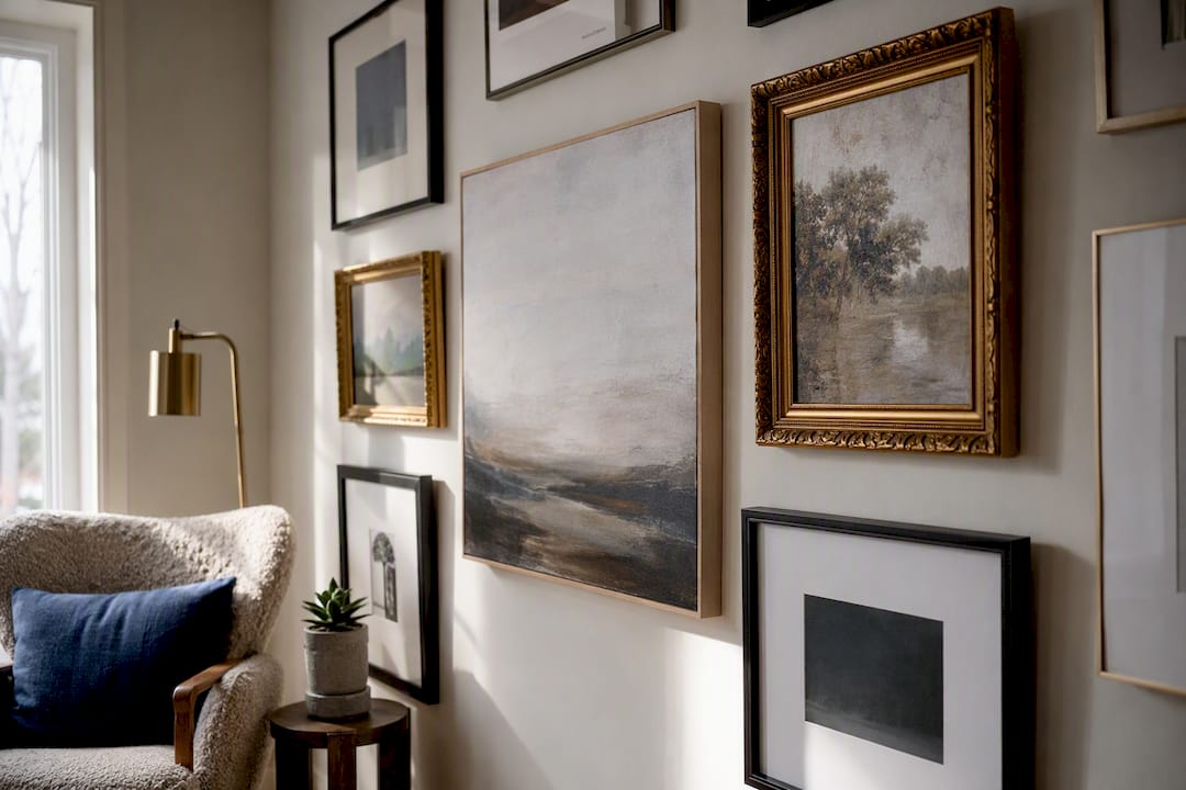 Diverse art frames displayed on a living room wall
