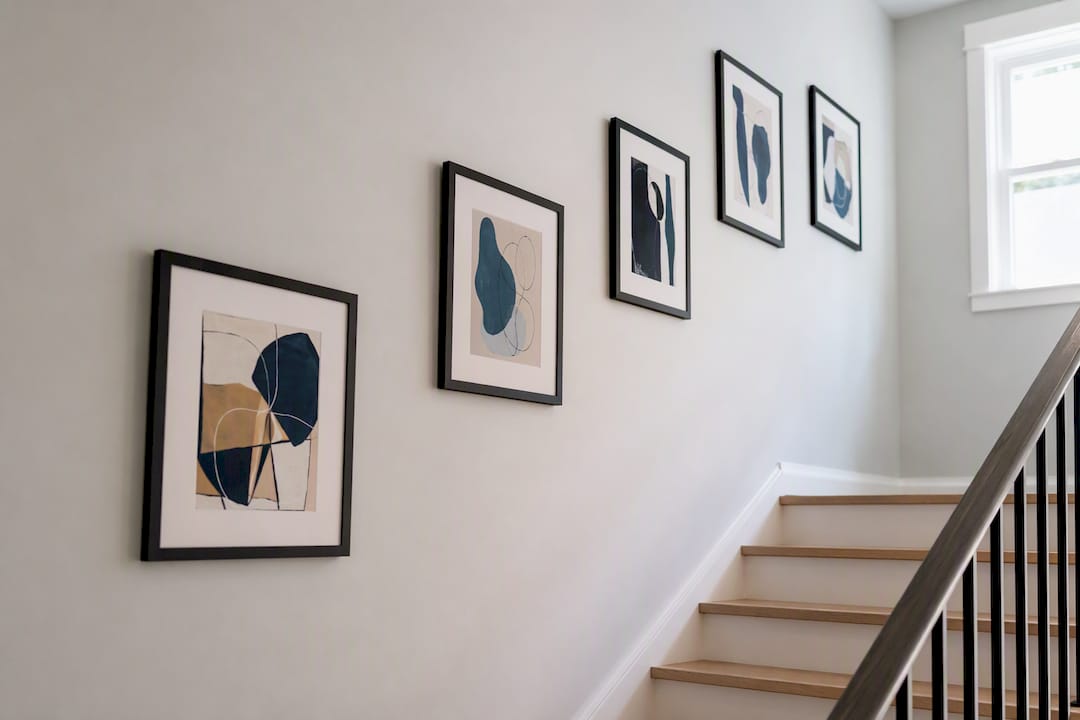 Artwork aligned diagonally on staircase wall