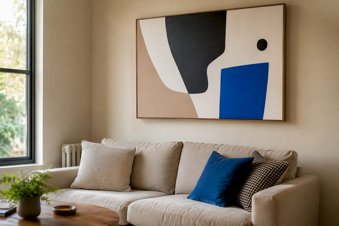 Artwork hanging correctly above sofa
